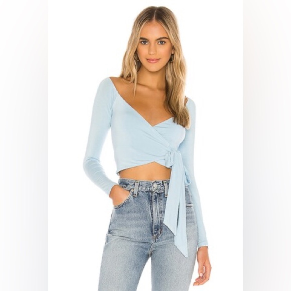 Superdown Magda Off Shoulder Wrap Top in Light Blue